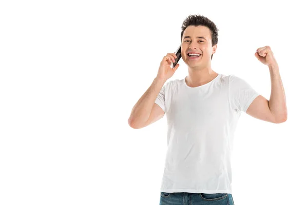 Hombre Guapo Emocionado Hablando Teléfono Inteligente Animando Aislado Blanco —  Fotos de Stock