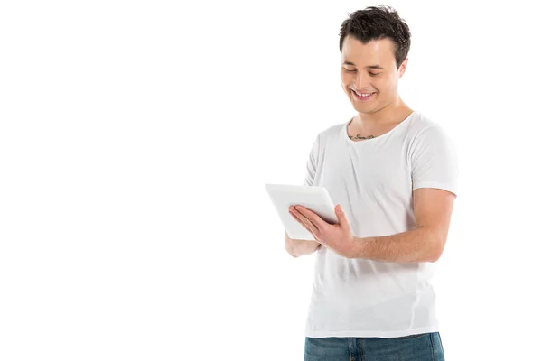 Sorrindo Homem Bonito Usando Tablet Digital Isolado Branco — Fotografia de Stock