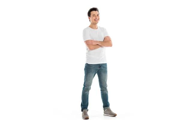 Handsome Happy Man Crossed Arms Looking Camera Isolated White — Stock Photo, Image