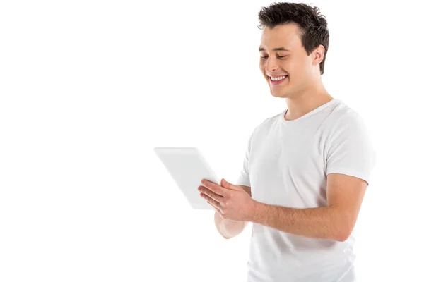 Sonriente Hombre Guapo Utilizando Tableta Digital Aislado Blanco — Foto de Stock