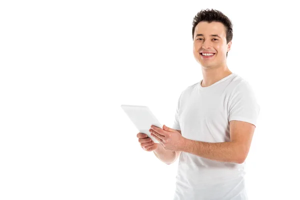 Homem Bonito Usando Tablet Digital Olhando Para Câmera Isolada Branco — Fotografia de Stock