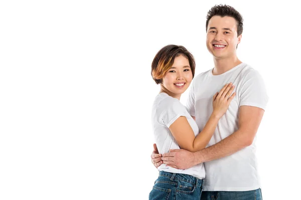 Happy Couple Hugging Looking Camera Isolated White — Stock Photo, Image