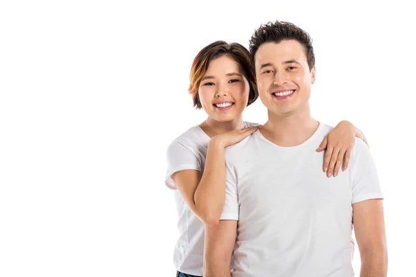 Portrait Loving Couple Hugging Looking Camera Isolated White — Stock Photo, Image