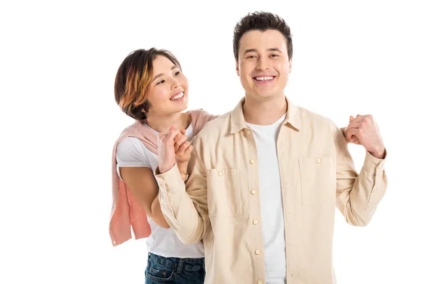 Portrait Smiling Couple Casual Clothes Holding Hands Looking Camera Isolated — Stock Photo, Image