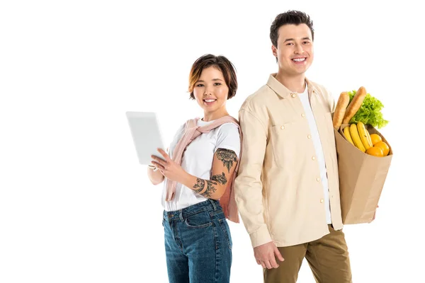 Happy Husband Holding Grocery Bag While Wife Using Digital Tablet — Stock Photo, Image