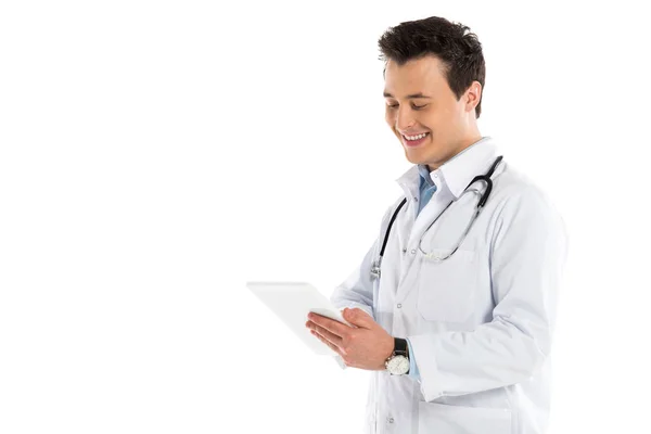 Handsome Male Doctor Stethoscope Using Digital Tablet Isolated White — Stock Photo, Image