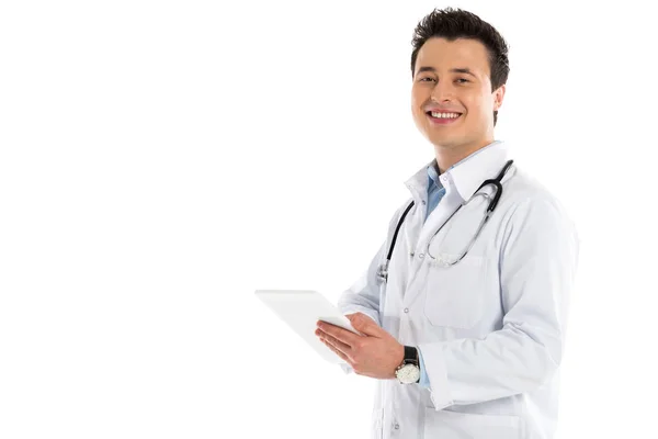 Male Doctor Stethoscope Using Digital Tablet Looking Camera Isolated White — Stock Photo, Image