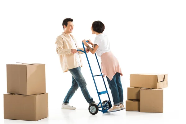 Husband Holding Wife Hand Truck Cardboard Boxes Background Moving New — Stock Photo, Image