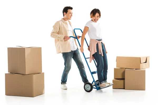 Husband Giving Ride Wife Hand Truck Cardboard Boxes Background Moving — Stock Photo, Image