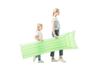 Mommy and daughter walking with air mattress isolated on white clipart