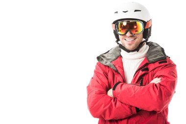 Gülümseyen ve üzerinde beyaz izole kamera bakarak snowsuit yakışıklı adam