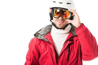 adult man in red ski jacket and helmet putting on goggles and smiling isolated on white clipart