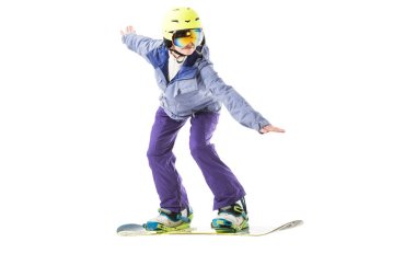 izole üzerinde beyaz snowboard mavi Kayak elbiseli Genç kadın
