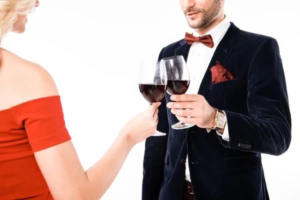 Partial View Couple Clinking Glasses Red Wine Isolated White — Free Stock Photo