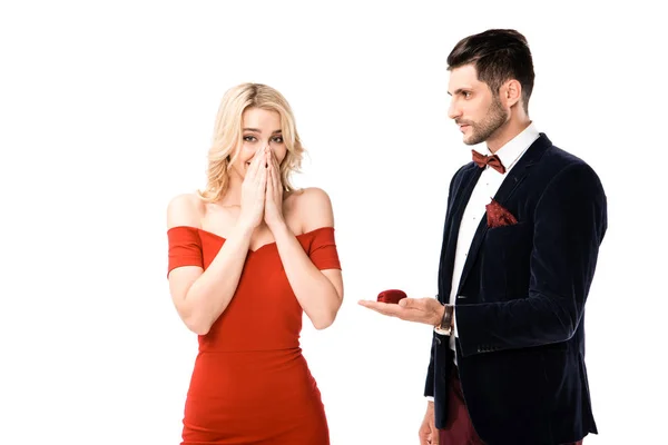 Handsome Man Proposing Surprised Girlfriend Marry Isolated White — Stock Photo, Image