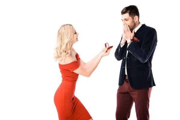 Attractive Woman Proposing Surprised Boyfriend Ring Isolated White — Stock Photo, Image