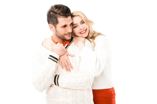 Happy Young Couple Hugging Holding Hands Isolated White — Stock Photo, Image