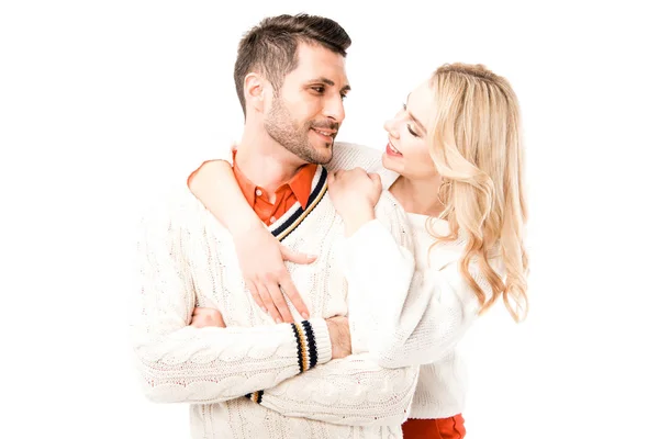 Happy Beautiful Couple Hugging While Looking Each Other Isolated White — Stock Photo, Image