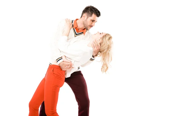 Счастливая Привлекательная Пара Весело Танцы Изолированы Белом — стоковое фото