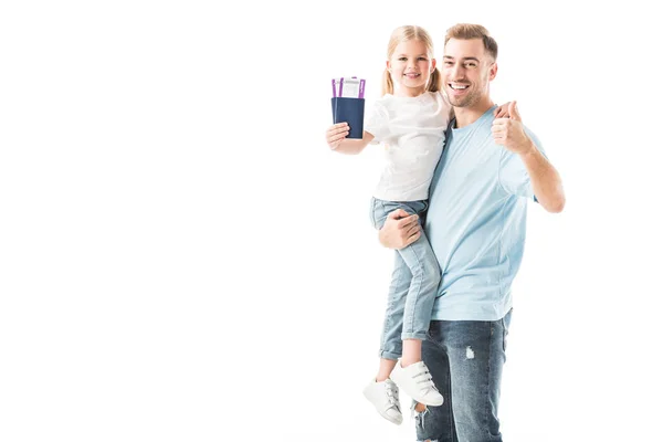 Dad Showing Thumbs Holding Daughter Passport Isolated White — Free Stock Photo