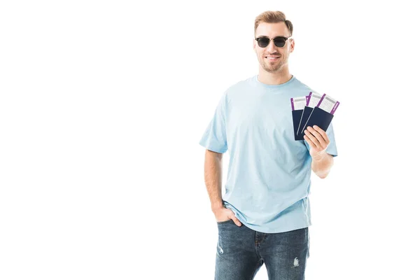 Cheerful Man Standing Holding Passports Hand Pocket Isolated White — Free Stock Photo