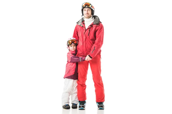 Apa Lánya Kezét Állandó Elszigetelt Fehér Snowsuits — Stock Fotó