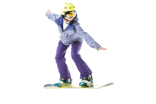 Giovane Donna Tuta Blu Snowboard Isolata Bianco — Foto Stock