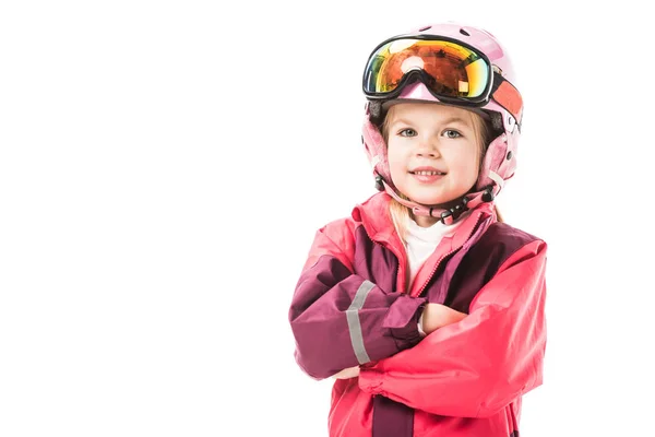 赤いスキー ジャケット ゴーグル ヘルメット笑顔と白で隔離カメラ目線でかわいい幼児子供 — ストック写真