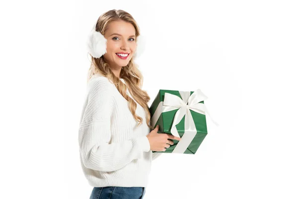Beautiful Girl Winter Outfit Holding Green Present Isolated White — Stock Photo, Image
