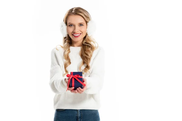 Blonde Smiling Woman White Earmuffs Holding Little Present Isolated White — Stock Photo, Image