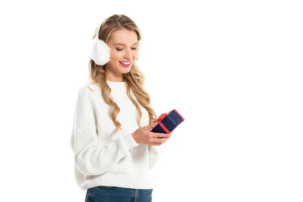 Attractive Smiling Woman Winter Earmuffs Holding Little Gift Box Isolated — Free Stock Photo