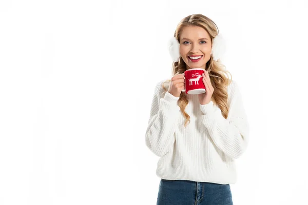 Smiling Woman Winter Earmuffs Holding Cup Hot Drink Isolated White — Stock Photo, Image