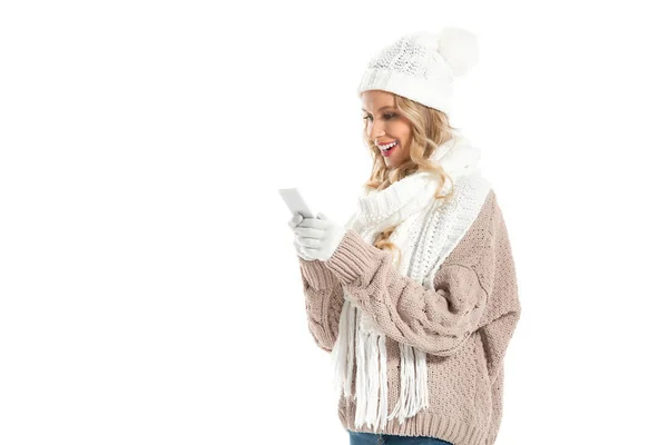 Beautiful Smiling Woman Winter Hat Scarf Using Smartphone Isolated White — Stock Photo, Image