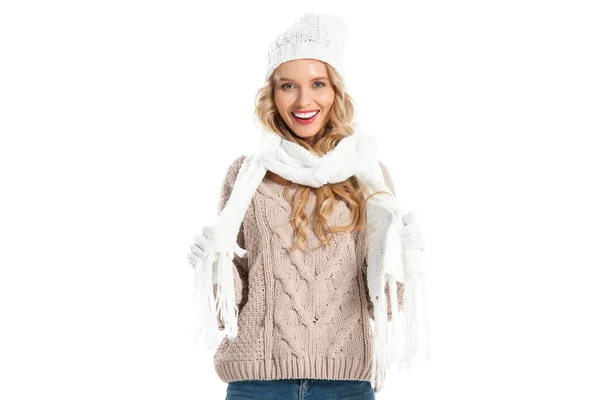 Smiling Girl Warm Clothes Looking Camera Isolated White — Stock Photo, Image