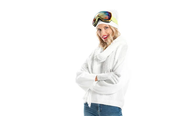 Beautiful Young Woman Warm Clothes Ski Goggles Arms Crossed Smiling — Stock Photo, Image