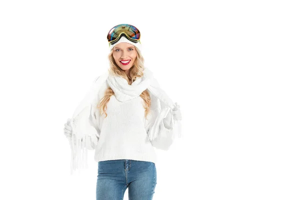 Attractive Woman White Knitted Sweater Hat Scarf Mittens Ski Goggles — Free Stock Photo