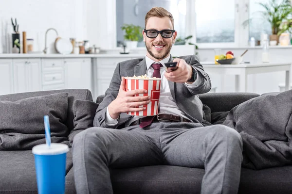 Handsome Businessman Couch Glasses Remote Control Watching Movie Eating Popcorn — Stock Photo, Image