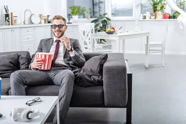 Businessman Couch Glasses Watching Movie Eating Popcorn Home — Stock Photo, Image