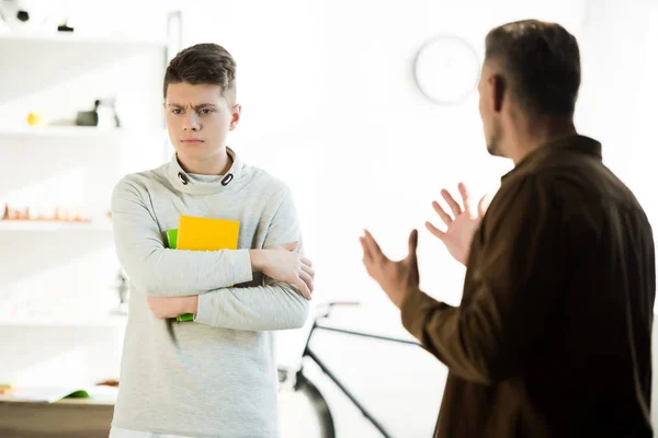 Irritated Father Gesturing Looking Sad Teen Son Home — Stock Photo, Image