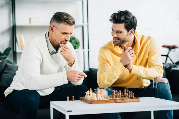 Handsome Son Mature Father Playing Chess Weekend Home — Stock Photo, Image