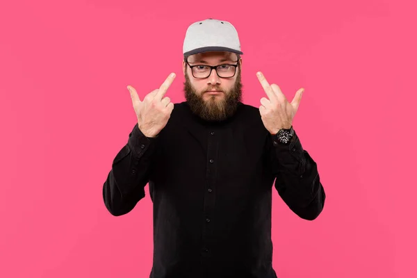 Stylish Bearded Man Eyeglasses Showing Middle Fingers Isolated Pink — Stock Photo, Image