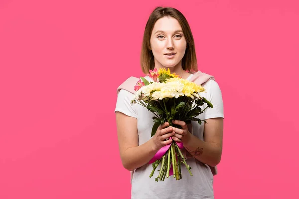 Happy Young Woman Holding Colorful Bouquet Various Flowers Isolated Pink — Free Stock Photo