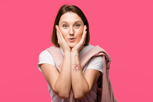 Positive Young Woman Looking Camera Hands Cheeks Isolated Pink — Stock Photo, Image
