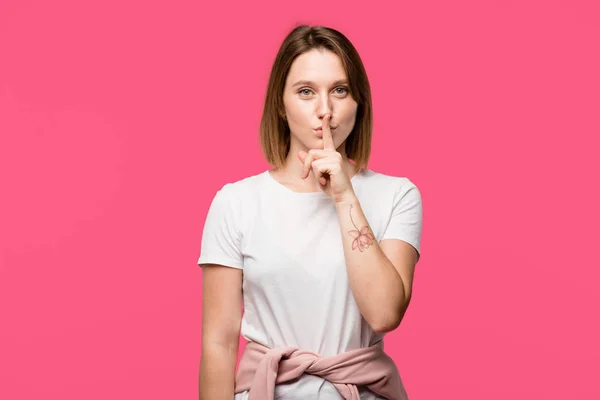 Attractive Tattooed Woman Showing Silence Gesture Isolated Pink — Stock Photo, Image