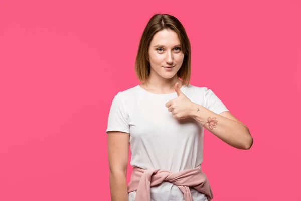 Cheerful Stylish Girl Showing Thumb Gesture Isolated Pink — Free Stock Photo