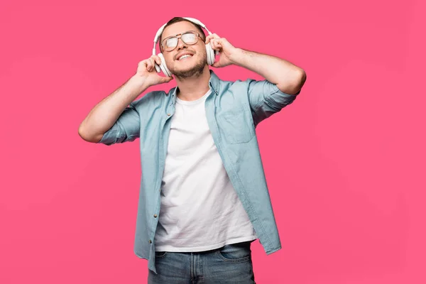 Heureux Jeune Homme Dans Les Lunettes Écouter Musique Dans Les — Photo