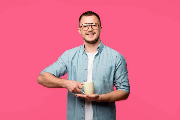 Handsome Happy Man Holding Cup Smiling Camera Isolated Pink — Stock Photo, Image