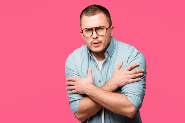 Young Man Eyeglasses Feeling Cold Warming Isolated Pink — Stock Photo, Image