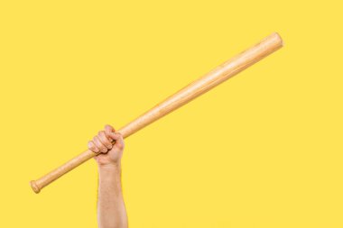 cropped shot of person holding baseball bat isolated on yellow clipart