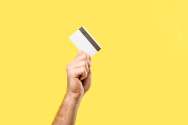 cropped shot of person holding credit card isolated on yellow clipart